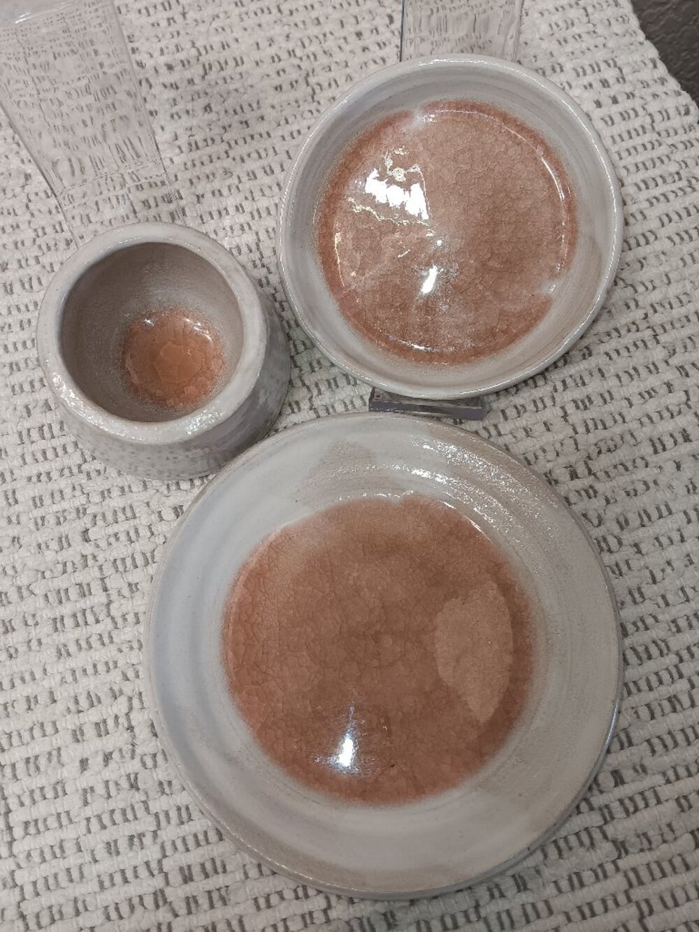 Handmade Artisan Pottery Rustic Crackle Glaze Stoneware set of 3 pieces